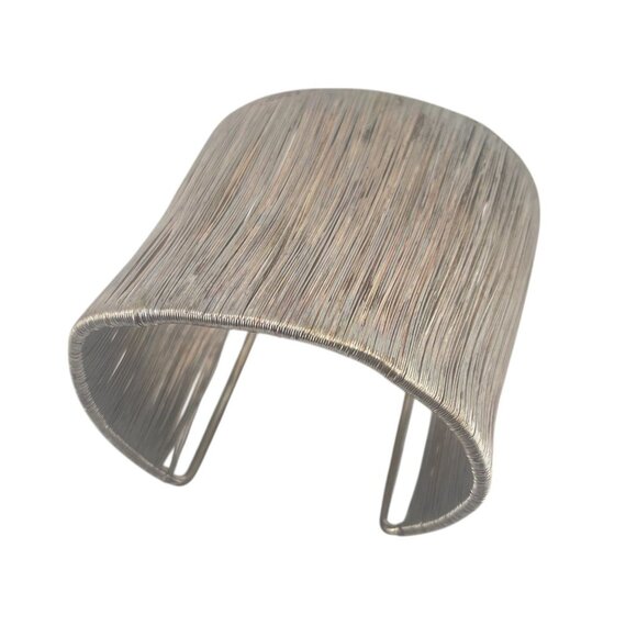 Hollywood Sensation Silver Wire 1980s Cage Cuff Bangle BraceletWide Textured Sil - Picture 5 of 8
